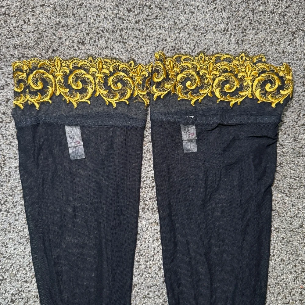 VERY RARE Vintage 90s Victoria's Secret Black & Gold Stockings Thigh High Socks